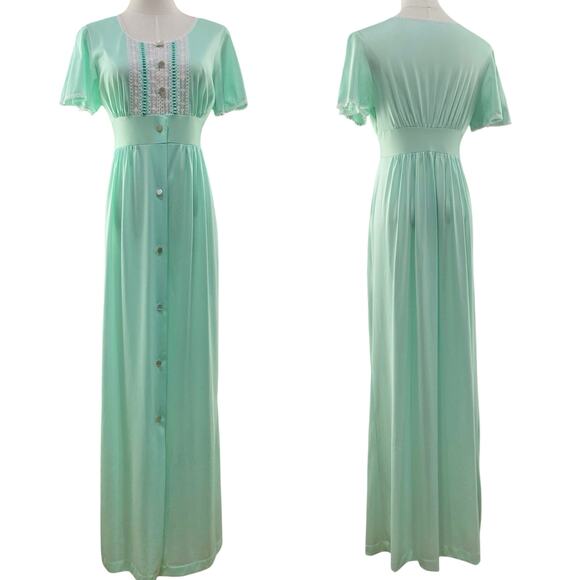 Vintage 70s Boho KOMAR Mint Green Nylon Lacy Bodice Maxi Dress Nightgown Size S - Picture 2 of 10